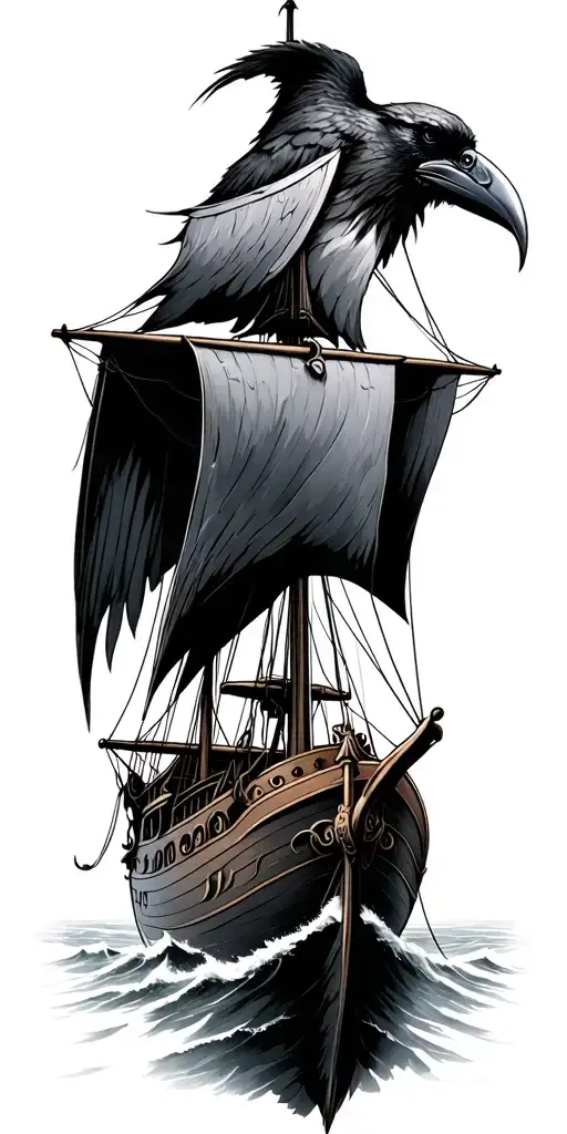 Raven And Viking Ship Sailing