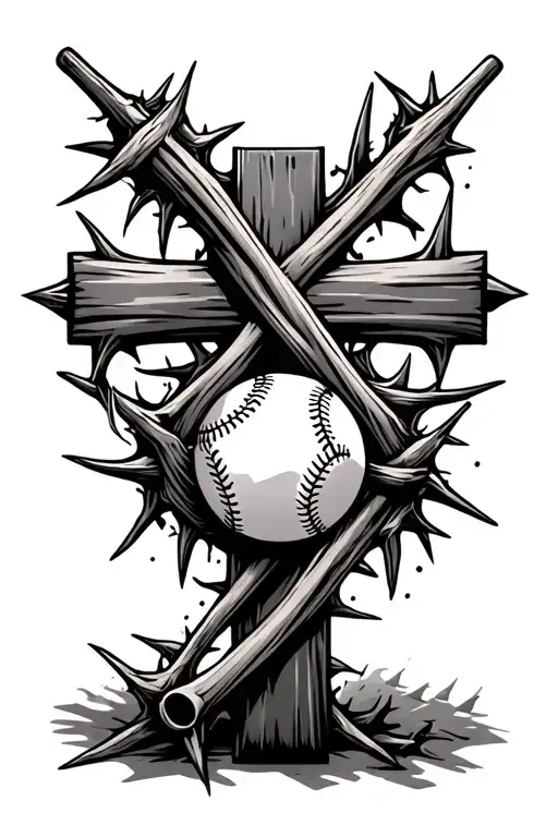 Cross Woven In Thorns With Baseball In The Middle Surrounded
