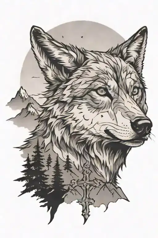 Wolf Looking Up At A Mountain With A Cross On It