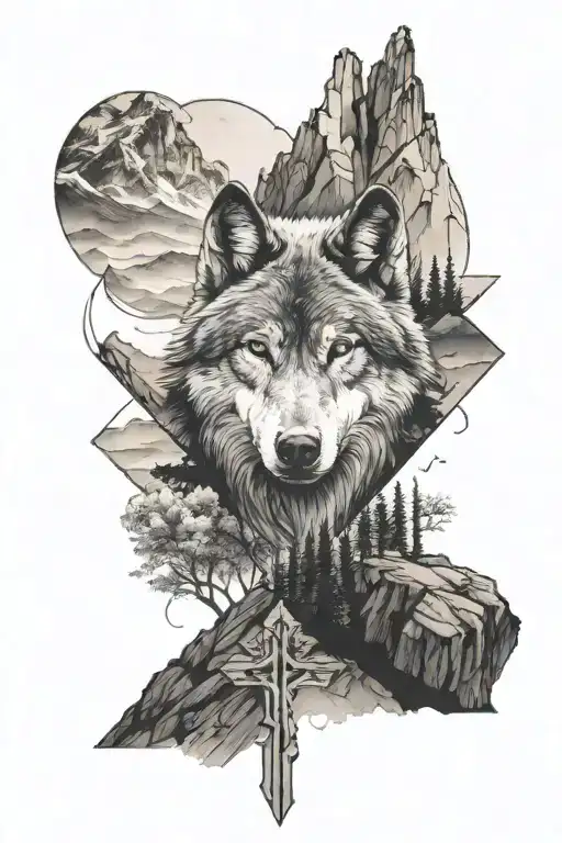 Wolf At Bottom Of Mountain Looking Up At A Cross