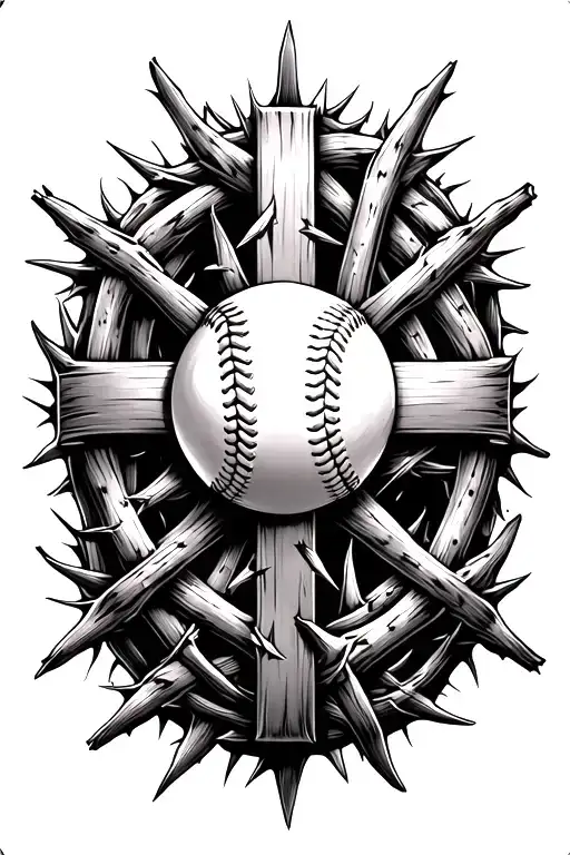 Realistic Cross Woven In Thorns With Baseball In The Middle Surrounded