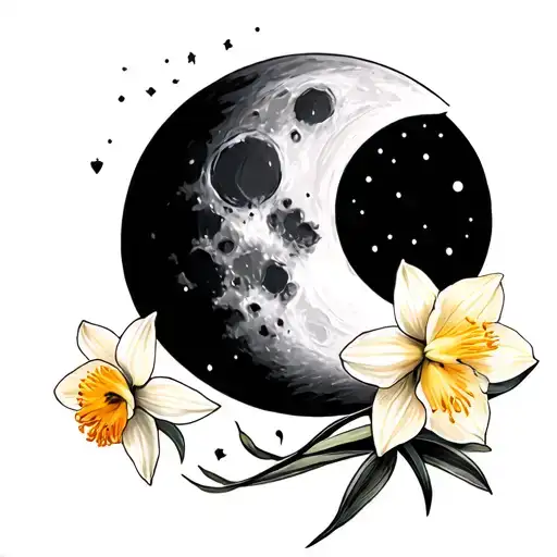 Waxing Crescent Moon With Daffodil Flowers