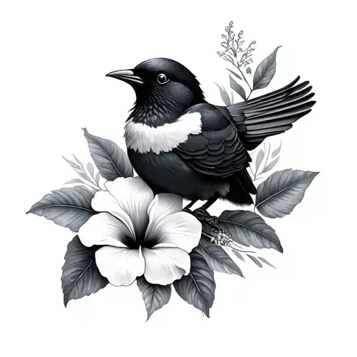 Tui Bird With Hibiscus Flower