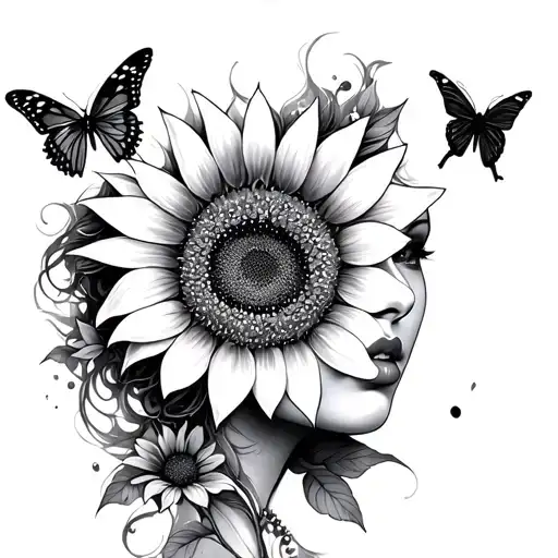 Sunflower Women Face And Butterflies