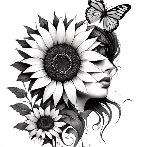 Sunflower Women Face And Butterflies