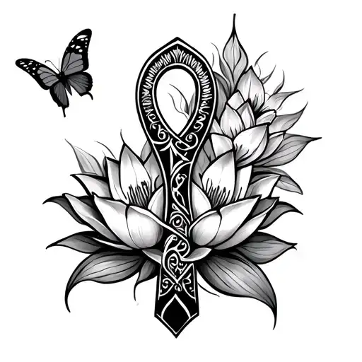 Ankh With Lotus Flower And Butterfly