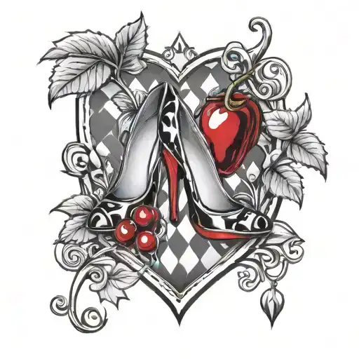 Red And Black High Heels Red Cherries And King Of Hearts Card