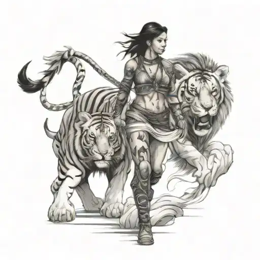 Warrior Woman Walking With A Lion And A Tiger Next To Her
