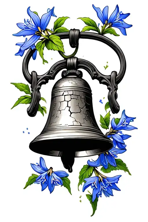 Old Cracked Church Bell Surrounded By Bluebells Flowers