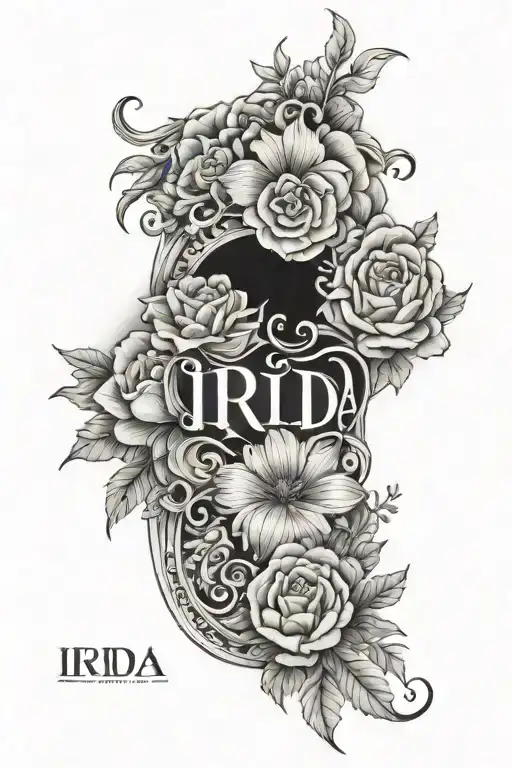 Mens Sleeve Tatoo With Clouds Or Flowers And A Papirus With The Name Irida