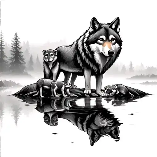 Father Wolf With Three Cubs In Forest Reflecting Off Water