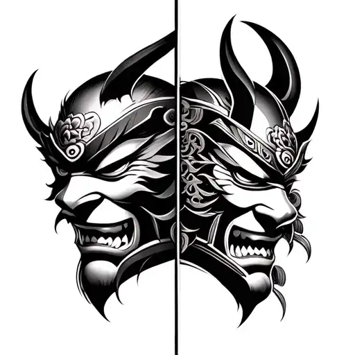 Oni Mask And Samurai Mask Cut In Half By Catana