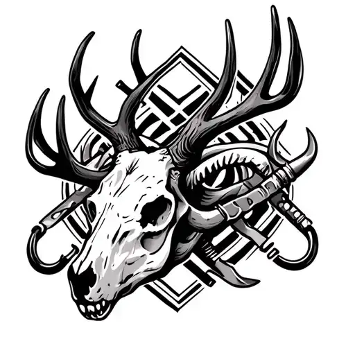 A Black And Grey Tattoo Of A Deer Skull Intertwined With Sheet Metal Tools And Fishing Hooks