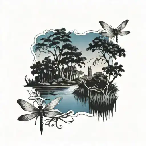 Caddo Lake Scene With Blue Haron Bird And Dragon Fly In It