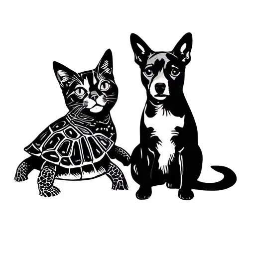 Cat Sitting With Dog And Turtle Silhouette Filled