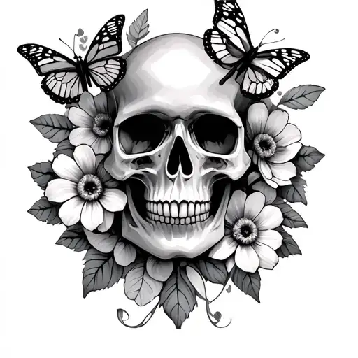 Skull With Flowers And 7 Butterfly