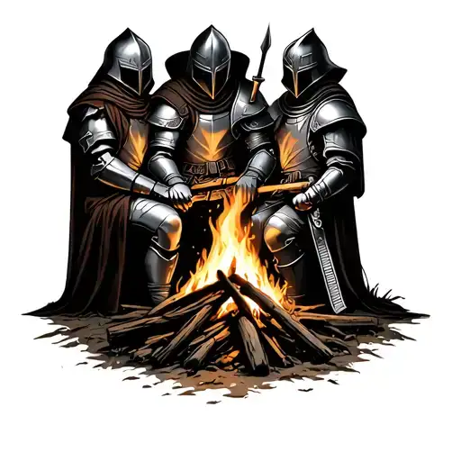 3 Knight Sitting By A Campfire