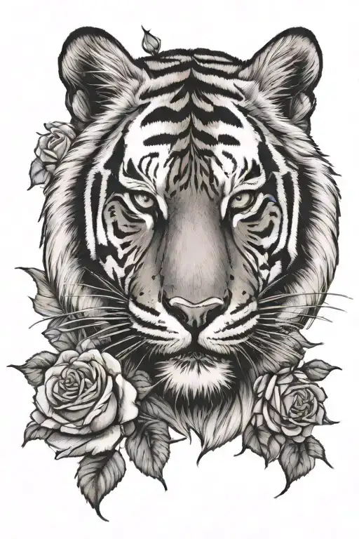 Tiger Face With Roses