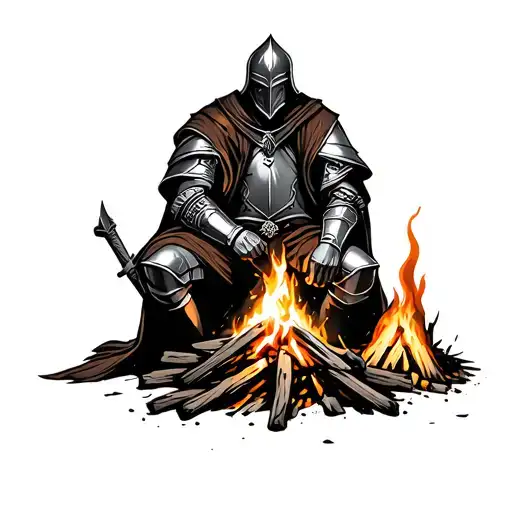 3 Knight Sitting By A Campfire