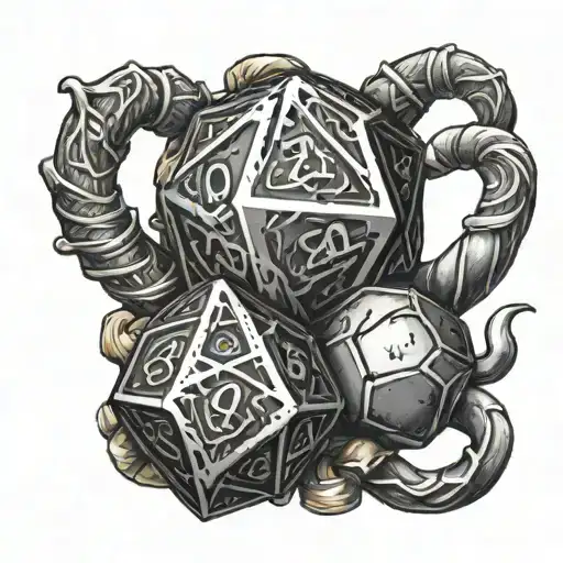 D20 Dice Surrounded By A Druid Staff And Boxing Gloves