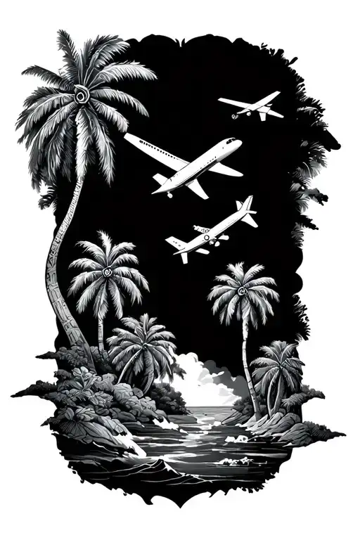 Map Travel Signs Airplane Palm Trees On Forearm Black And White Halfsleeve