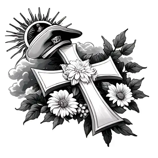 Cross Of Lorraine With Flowers At The Base A Sailor Cap Placed On It Solar Radius And Clouds