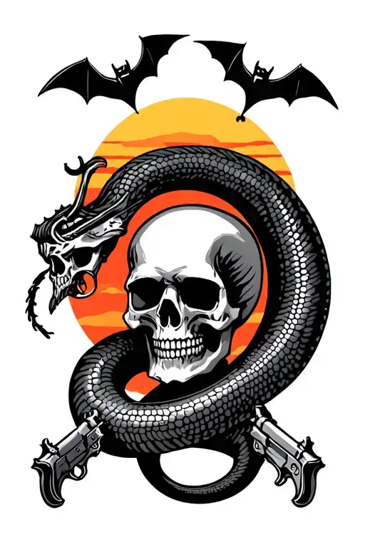 Skulls With Guns Castles Sunset Bats Serpent