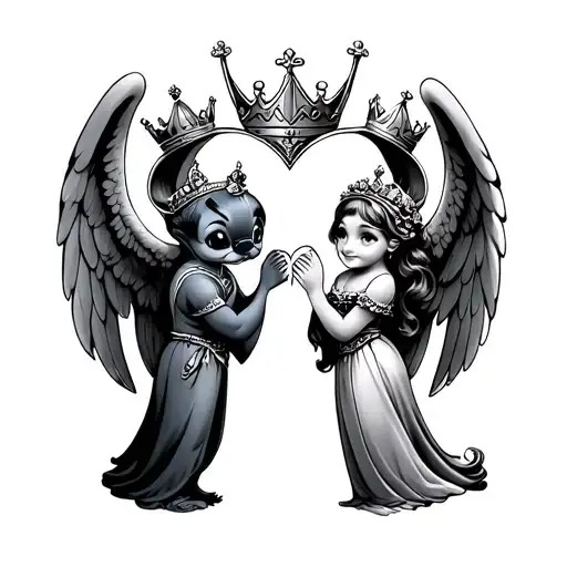 Stitch And Angel With King And Queen Crowns Making A Heart