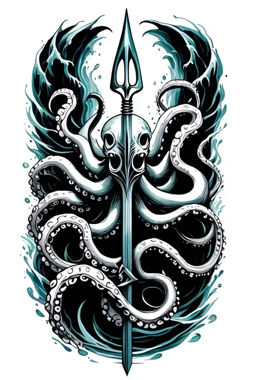 Trident Surrounded With Water Waves And Octopus Grabbing Trident