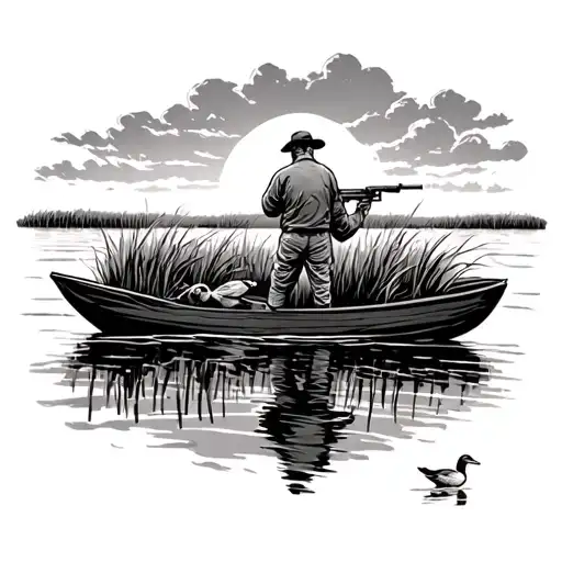 Guy On Boat Shooting Ducks In A Marsh Scenery Inside