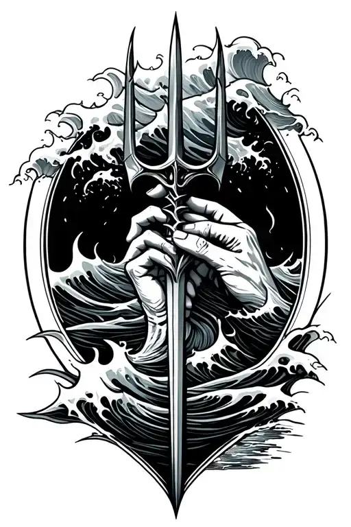Trident Wirh Waves Crashing And Hand Grabbing Tident