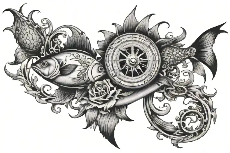 Fish Tornado Around Compass Rose Intertwined