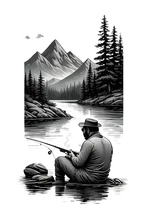 Tatto Of Man Sitting By A River Smoking And Fishing With Mountain And Trees N Backroumd