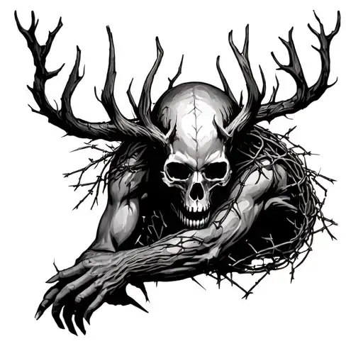 Full Body Leshen In A Forest Holding A Skull Wrapped In Barbed Wire
