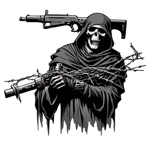 Grim Reaper Standing Holding An Ak47 Wrapped In Barbed Wire