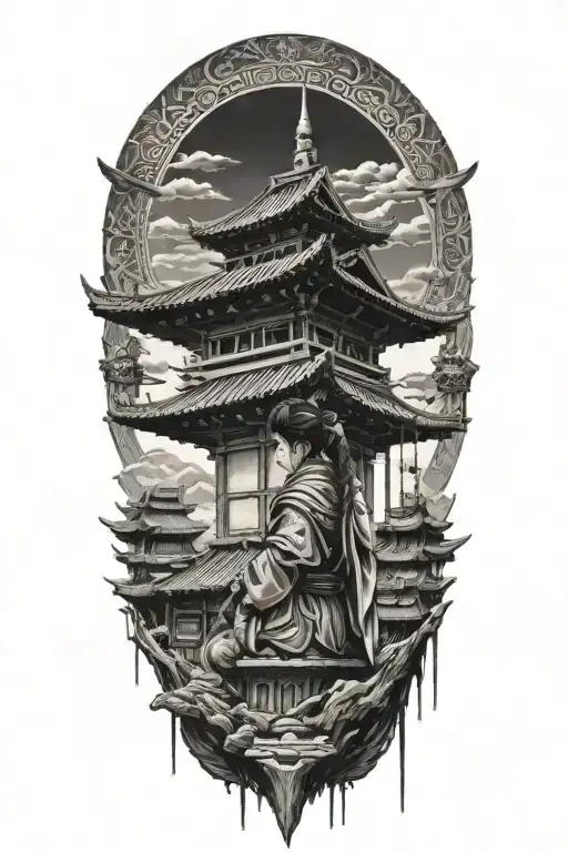 Samurai Temple Pagoda Little Girl Alone