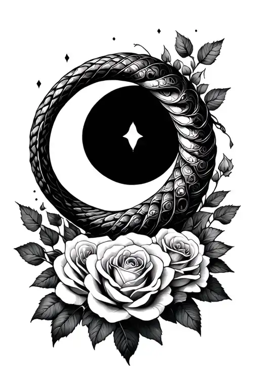 Ouroboros With Roses And Moon Backdrop