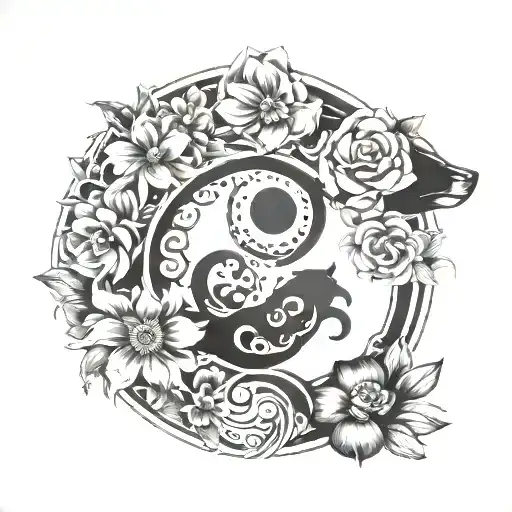 Yin Yang With Dog And Human Footprints With Flowers