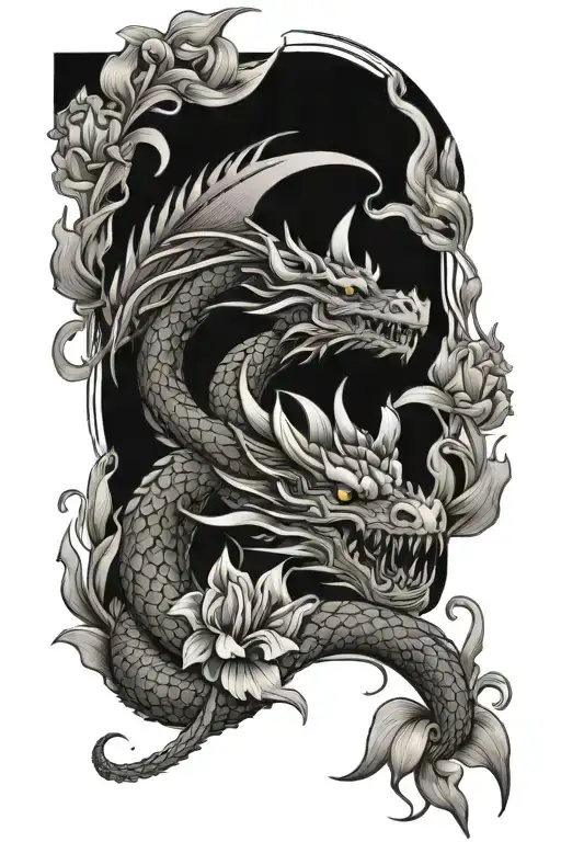 Dragon With Gladiolus Flowers Intertwined