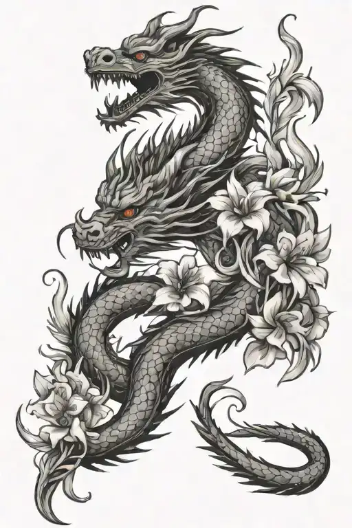 Spine Tattoo Japanese Dragon With Gladiolus Flowers
