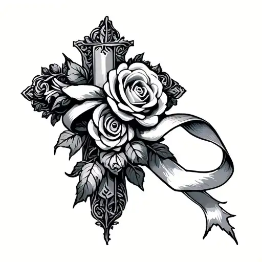 Cross Made Of Rosses Wrapped With Ribbon