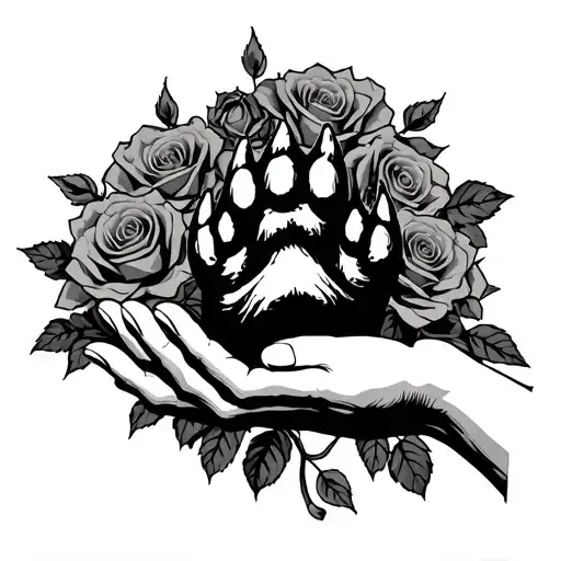 Dog Paw In Human Hand Surrounded By Roses