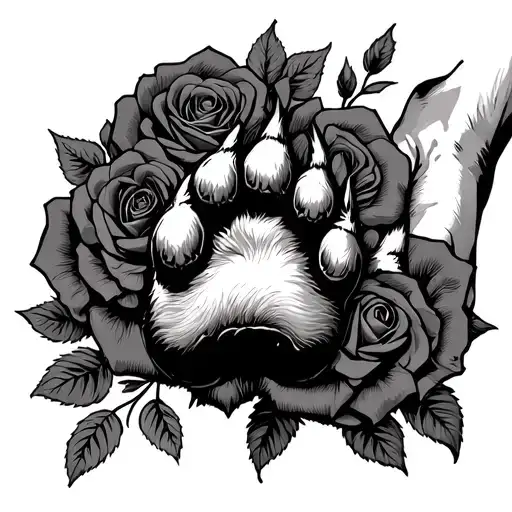 Dog Paw In Human Hand Surrounded By Roses