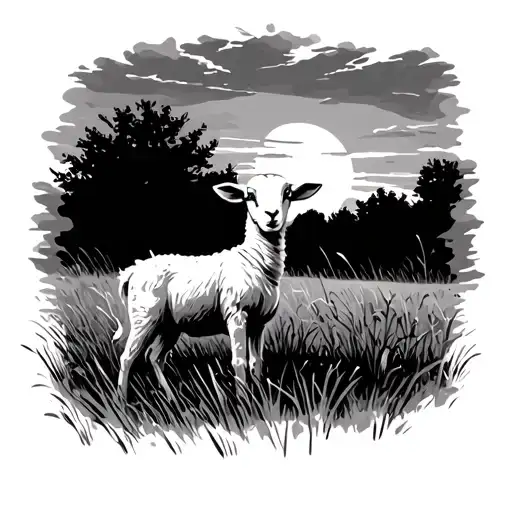 Lamb Standing In Field Durning Sunset