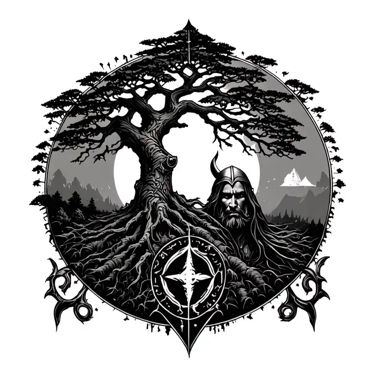 Vegvisir Rune Viking Warrior And Life Tree Inside