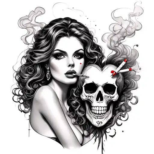 Heart Skull Cigarette And Sexy Lady In Smoke Coming