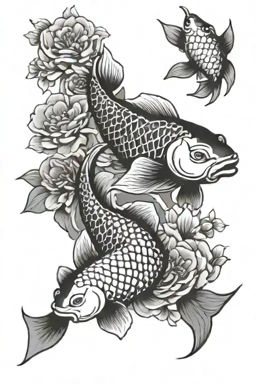 Flowers And Koi Fish