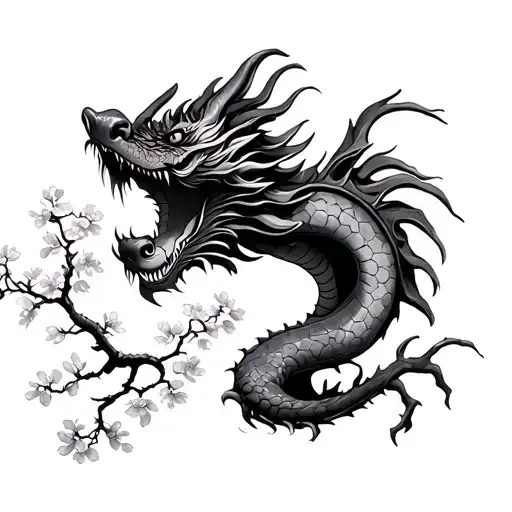 Dragon With Cherry Blossom Tree Either Side