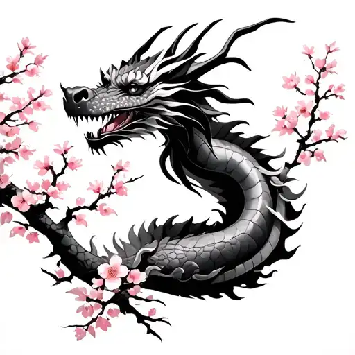 Dragon With Cherry Blossom Tree Either Side