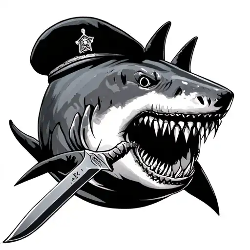 Shark With A Kabar Knife In Its Mouth And Beret On Its Head
